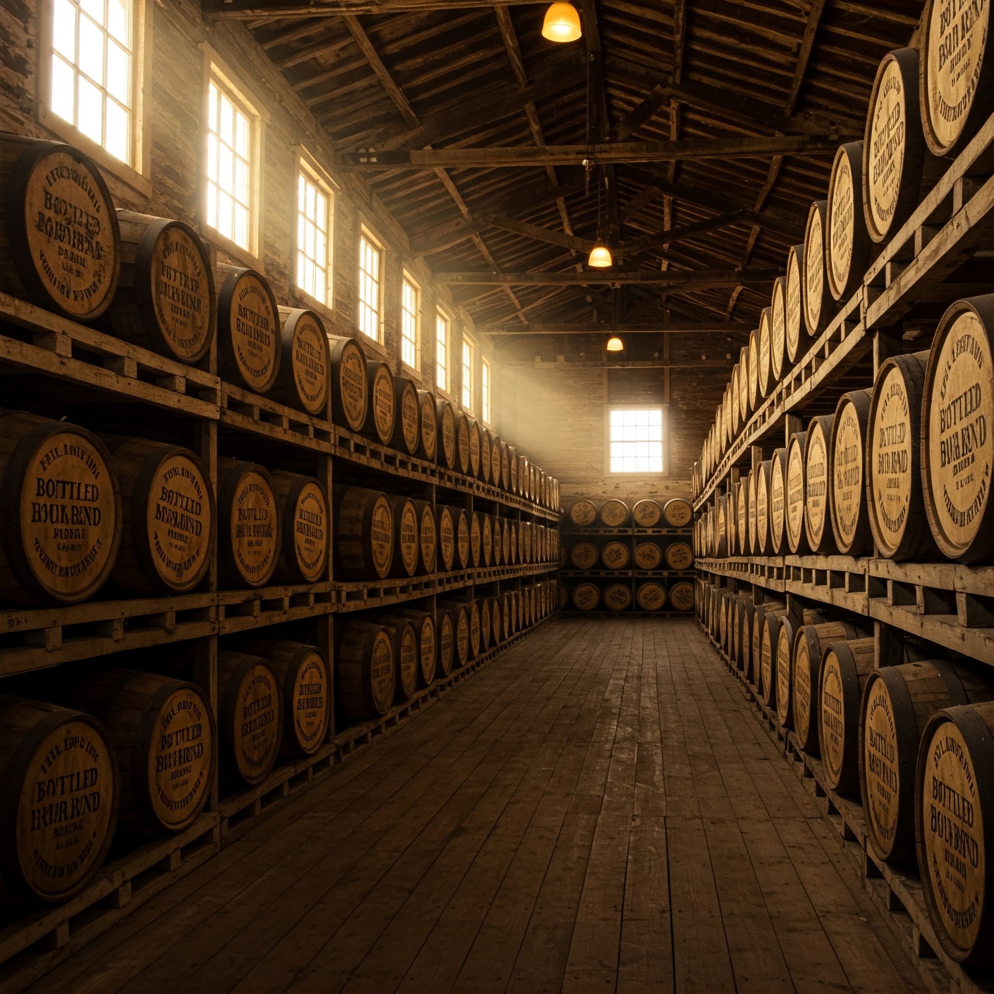 Rows of aging whiskey barrels stacked in a dimly lit bonded warehouse, with sunlight streaming through high windows, highlighting the oak barrels marked with Bottled in Bond labels