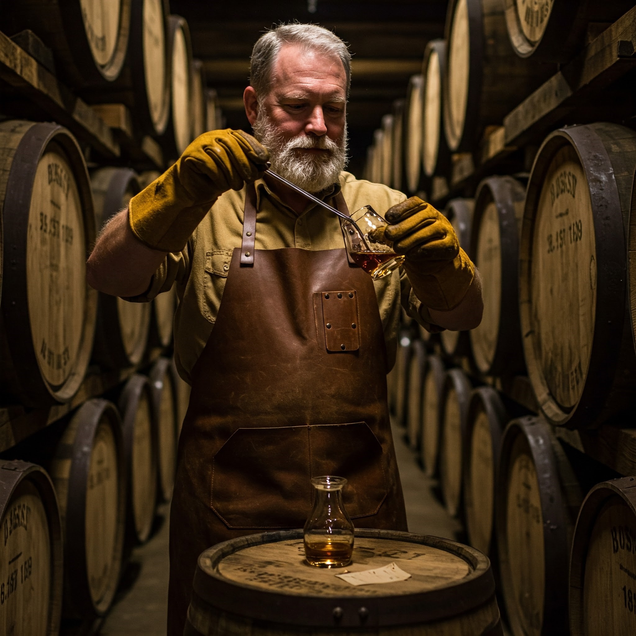 A person in a traditional rickhouse carefully draws a sample of whiskey from a barrel using a whiskey thief. The person is wearing a rustic apron and gloves, with rows of aging barrels in the background. Soft, warm light illuminates the amber liquid as it fills a glass, evoking a sense of craftsmanship and tradition in the whiskey-making process.
