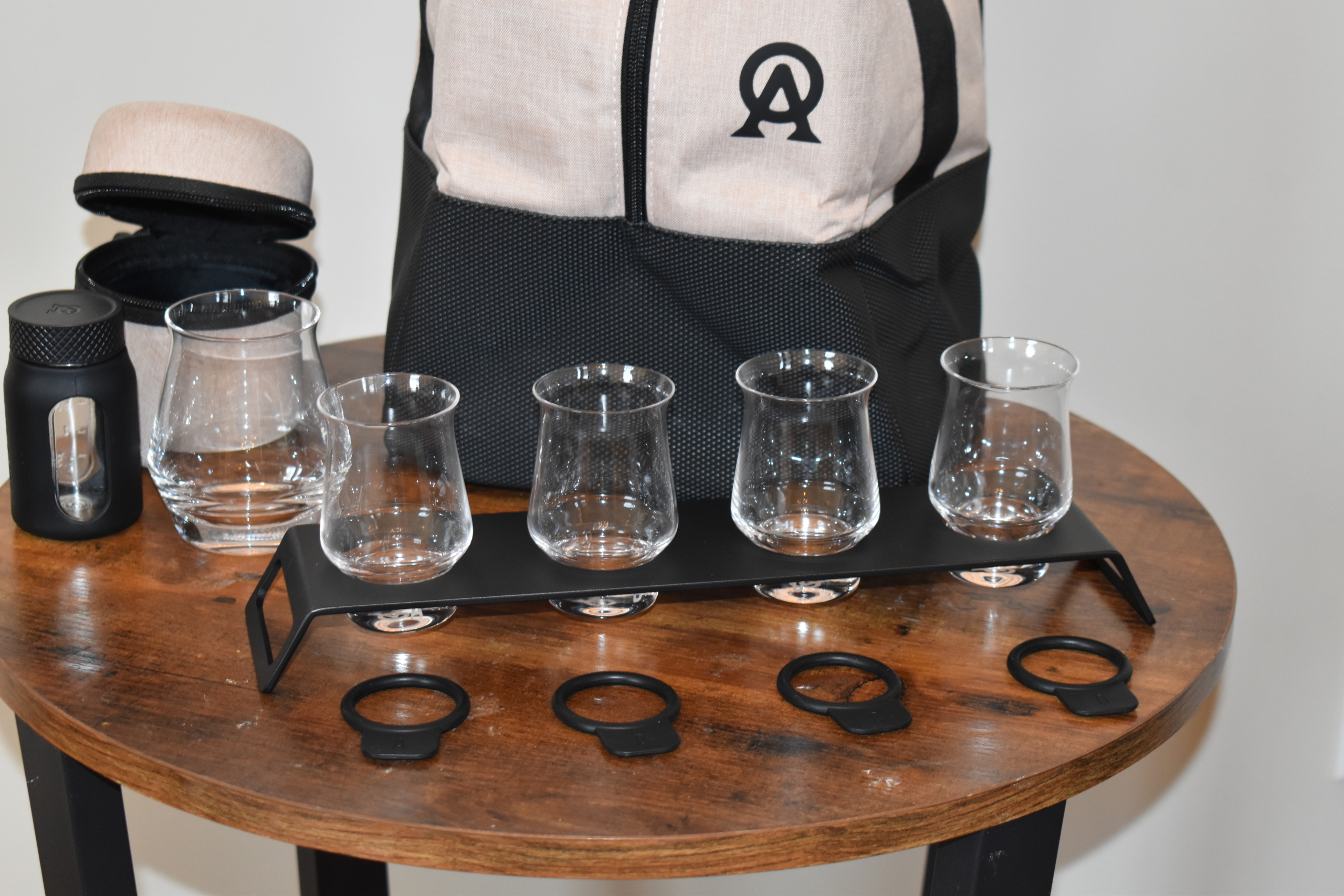 Aged & Ore Set Glasses, neat traveler and bottle caddy