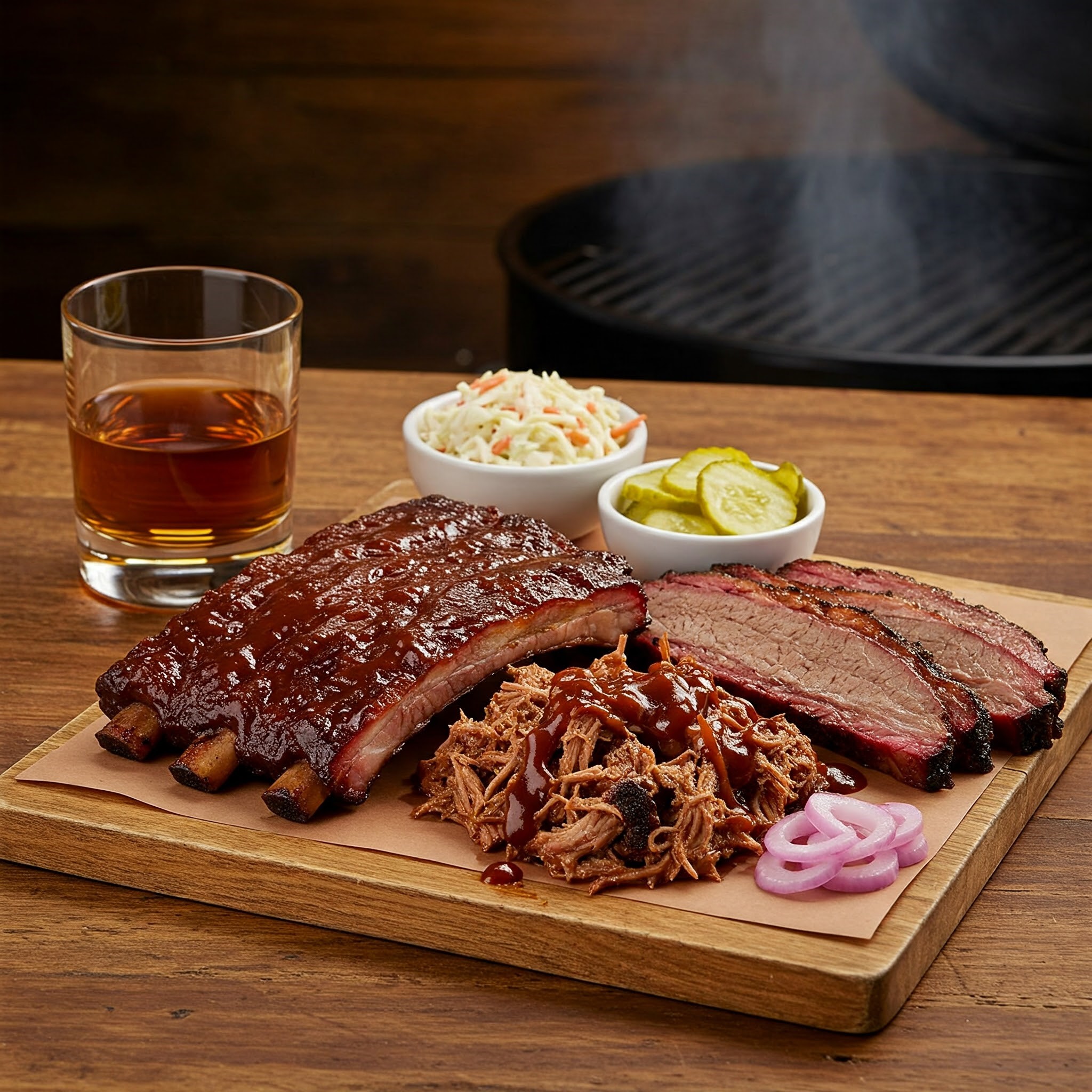 "Rustic wooden table with a glass of amber bourbon and a platter of juicy BBQ meats, including pork ribs, pulled pork, beef brisket, grilled chicken, and a side of grilled vegetables like corn, peppers, and onions. The bourbon glass reflects a warm glow, and the scene has a cozy, smoky ambiance, evoking the perfect pairing of rich bourbon and smoky BBQ flavors