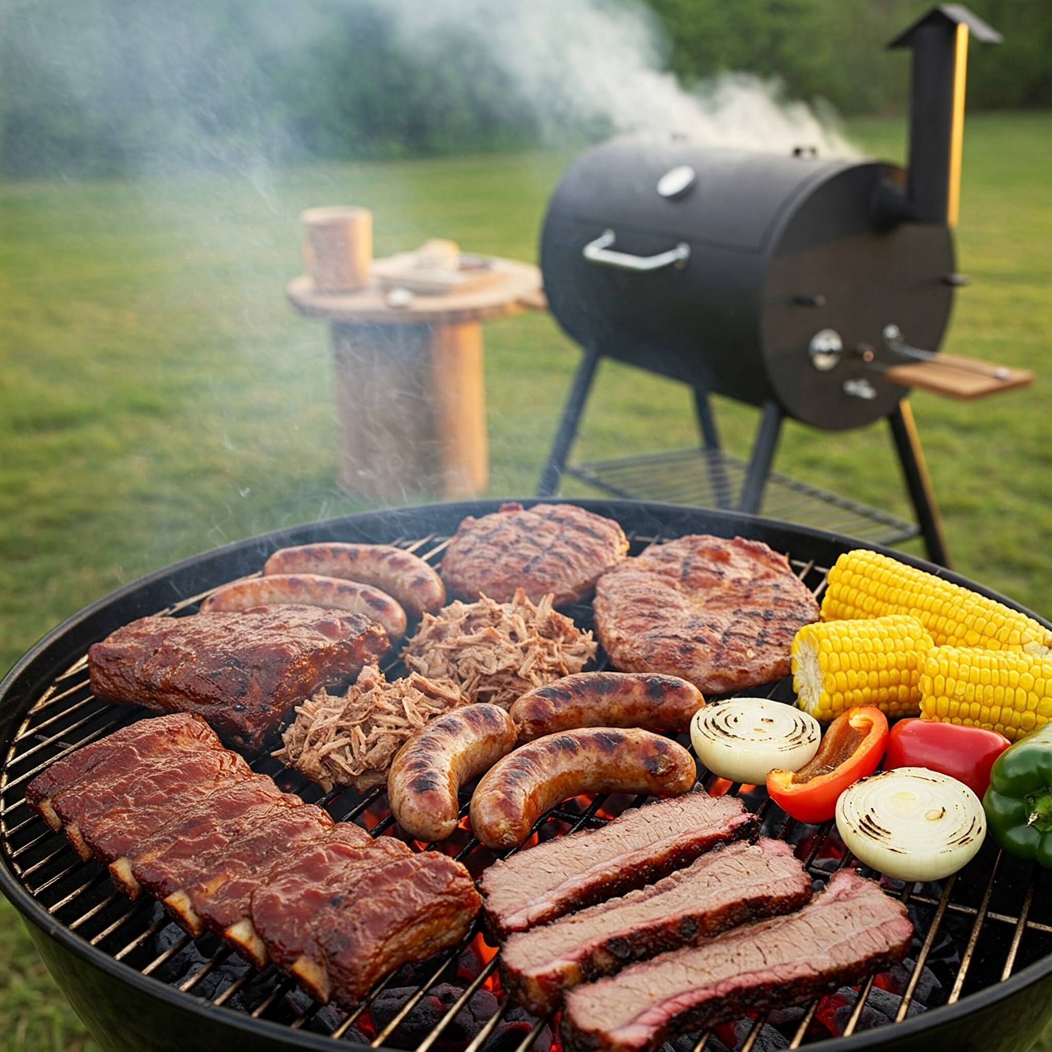 Close-up of a rustic grill filled with a variety of BBQ meats, including juicy pork ribs, tender pulled pork, grilled sausages, and thick slices of beef brisket, all sizzling and perfectly charred with a rich BBQ glaze. Wisps of smoke rise from the grill, adding to the outdoor cooking ambiance, while a side of grilled vegetables like peppers and onions adds vibrant color to the scene. The warm glow from the grill creates a cozy, inviting atmosphere, evoking the mouthwatering appeal of a classic BBQ feast.
