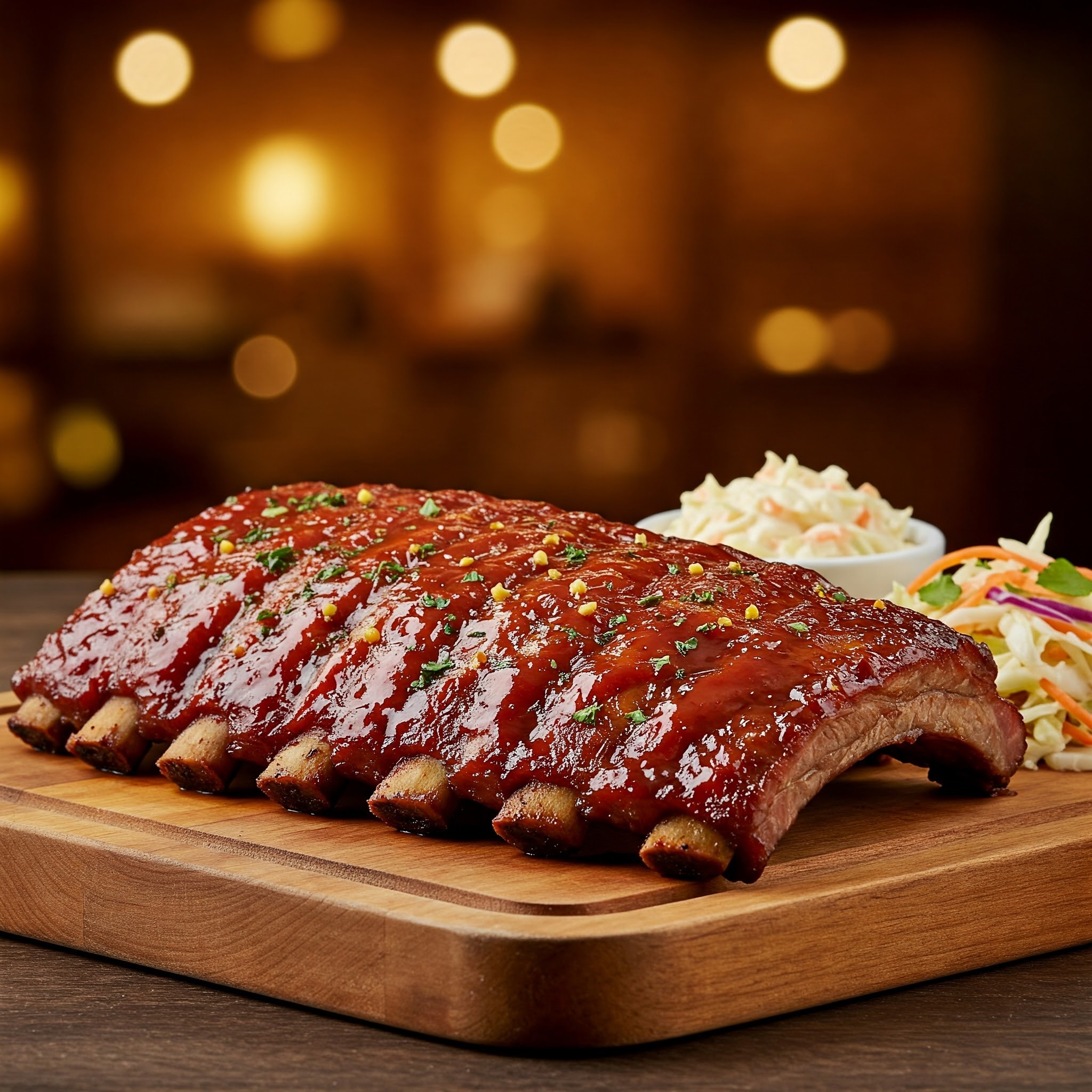 "Close-up of a beautifully arranged rack of tender, smoky pork ribs on a rustic wooden platter, glazed with rich BBQ sauce and slightly charred at the edges. The platter is garnished with fresh herbs and accompanied by a side of tangy coleslaw or pickles, set against a warm, cozy background with soft lighting, highlighting the mouthwatering appeal of the ribs