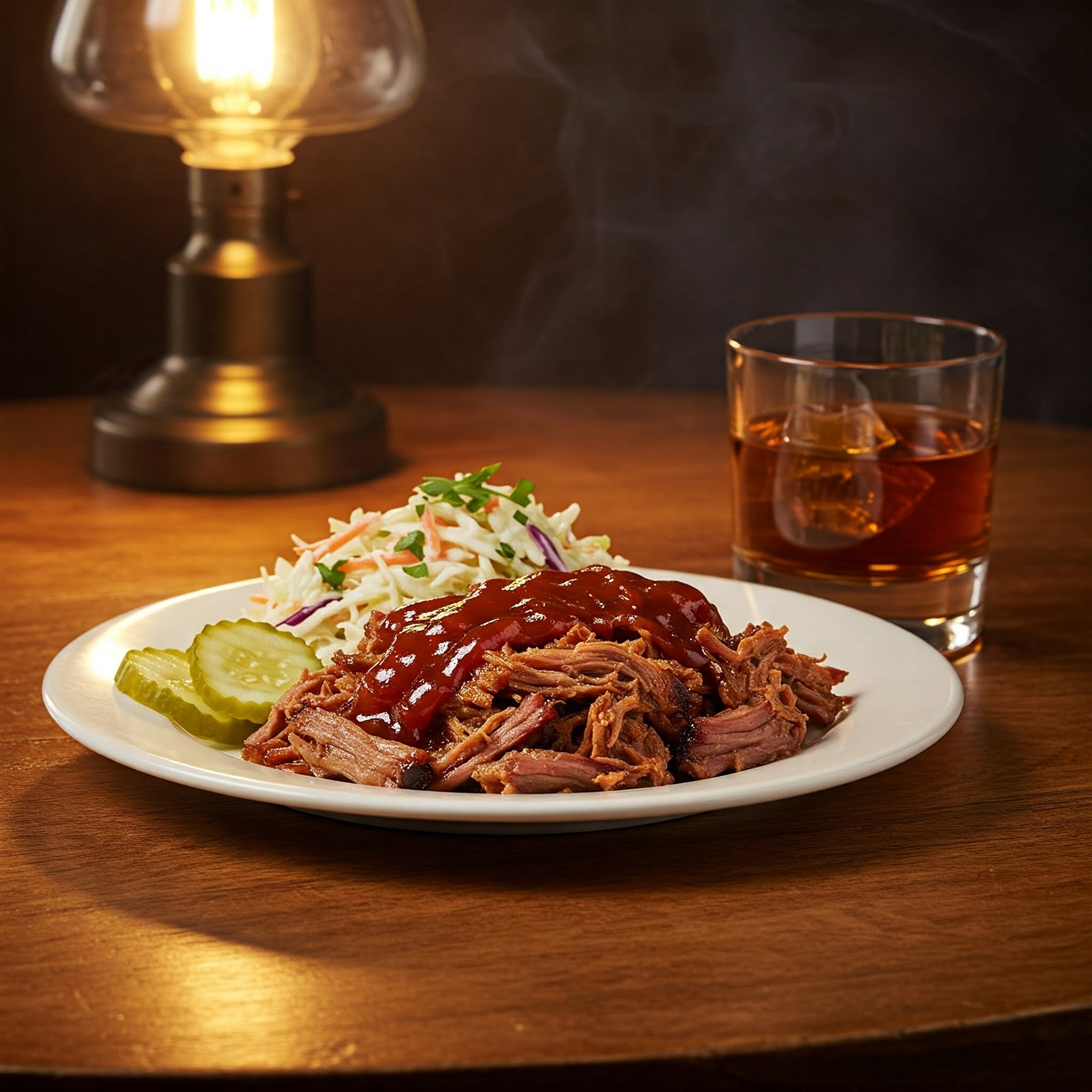 "Rustic wooden table with a plate of tender pulled pork, beautifully shredded and topped with tangy BBQ sauce. The pulled pork is served with a side of creamy coleslaw, fresh herbs, and a few pickle slices for added color and contrast. The scene is warm and inviting, with soft lighting that enhances the savory textures of the pulled pork and the cozy BBQ atmosphere