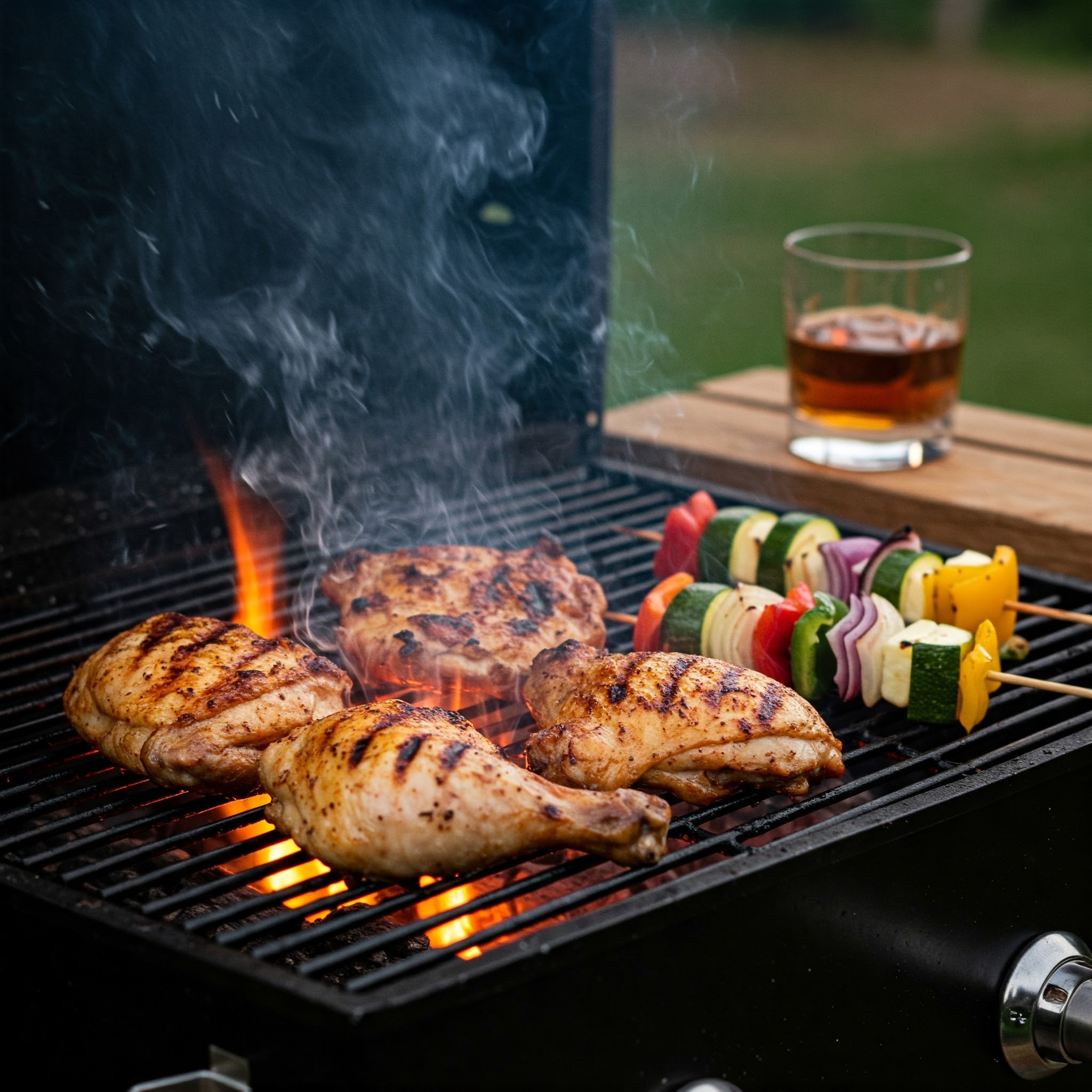 Grill with sizzling, golden-brown chicken, its skin crisped with slight charring as smoke rises from the flames. Skewers of colorful vegetables, including bell peppers, onions, and zucchini, roast alongside the chicken. To the side of the grill, a glass of amber bourbon sits on a rustic wooden surface, reflecting the warm glow of the fire. The scene captures the inviting, smoky atmosphere of a backyard BBQ