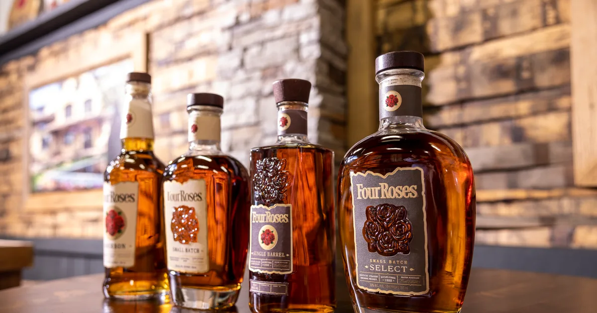 Four Roses bourbon lineup with Small batch select in the front