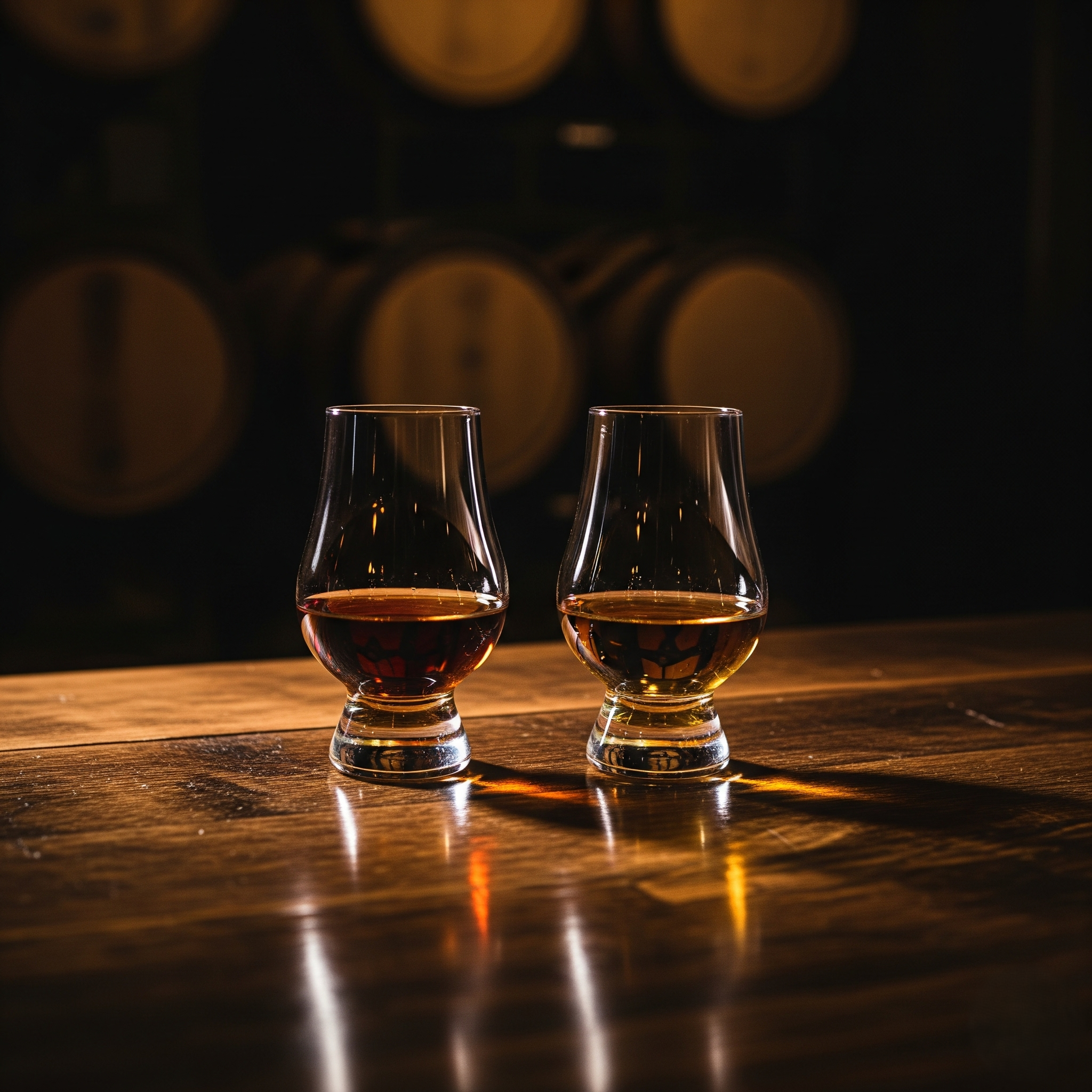 Two glencairn glasses filled with bourbon