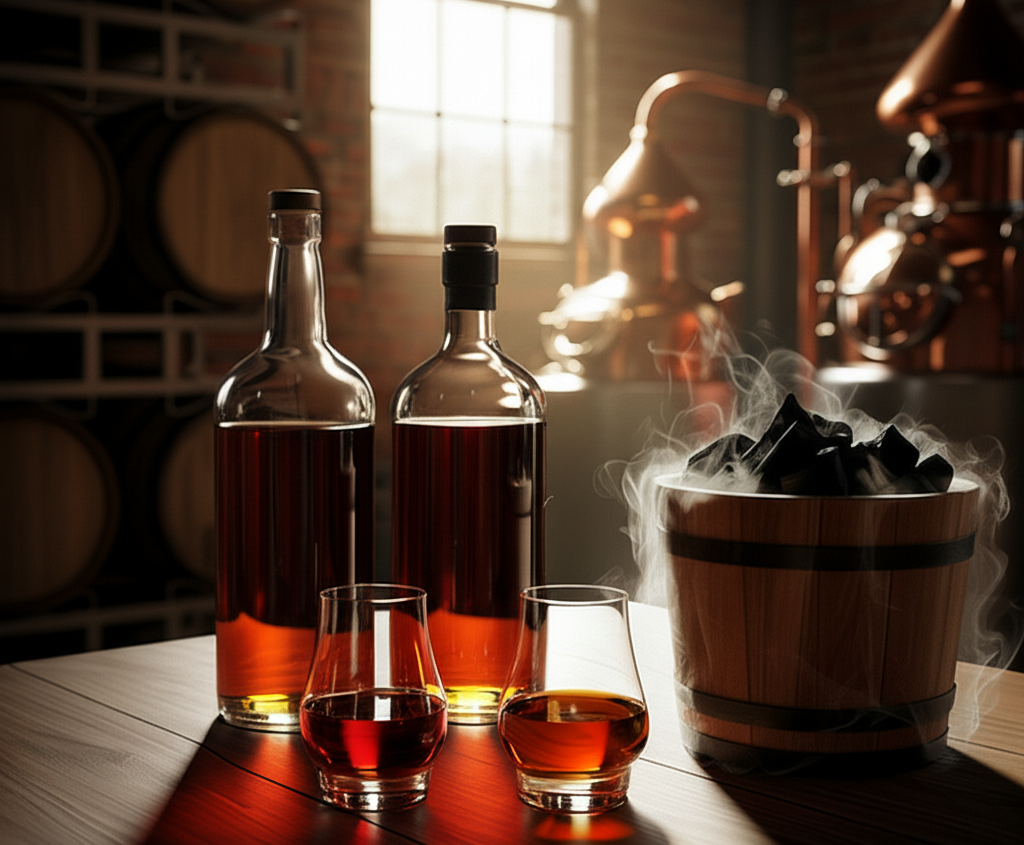 Bourbon vs. Tennessee Whiskey bottles with glasses of whiskey in front of them