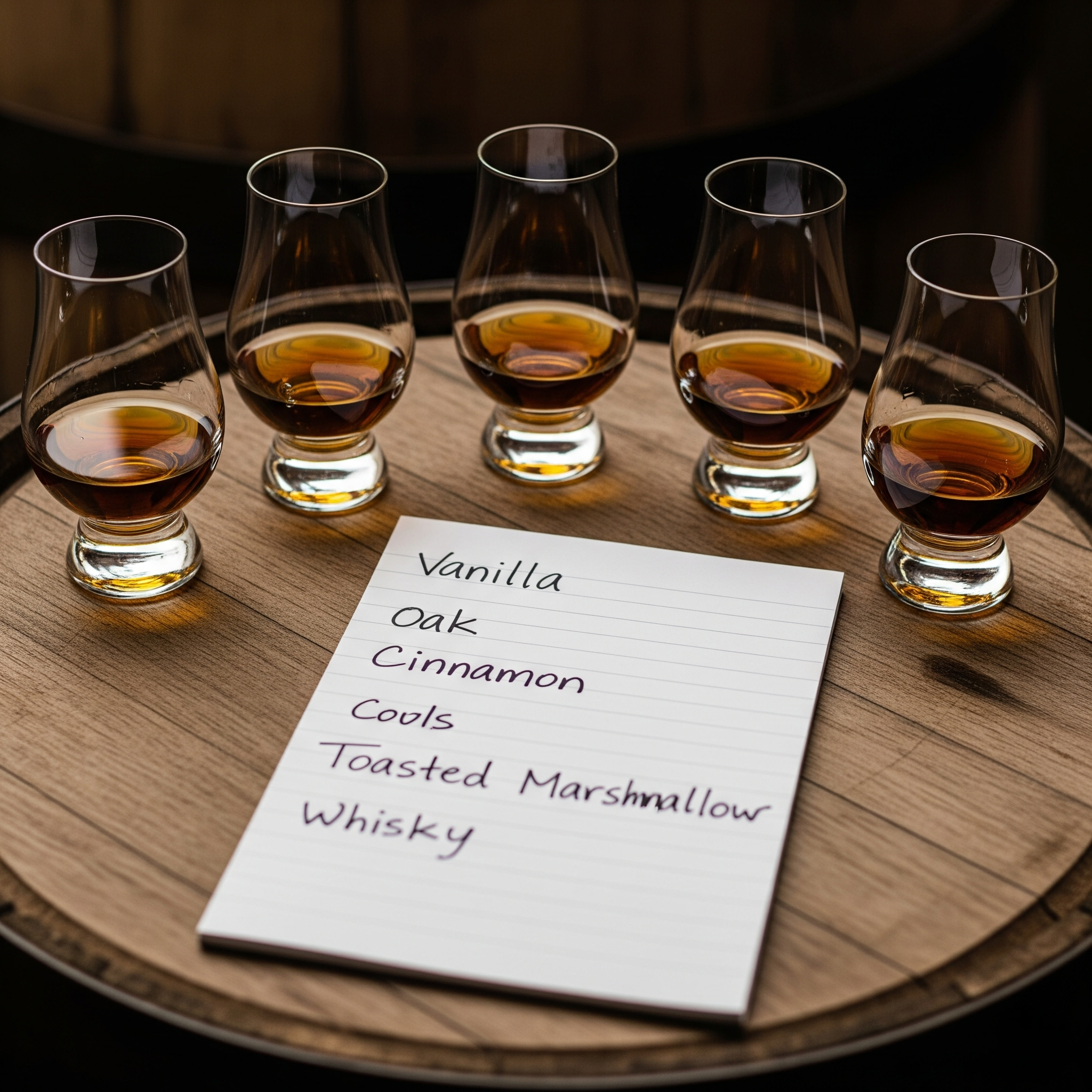 Glasses of Bourbon with tasting notes written next to them