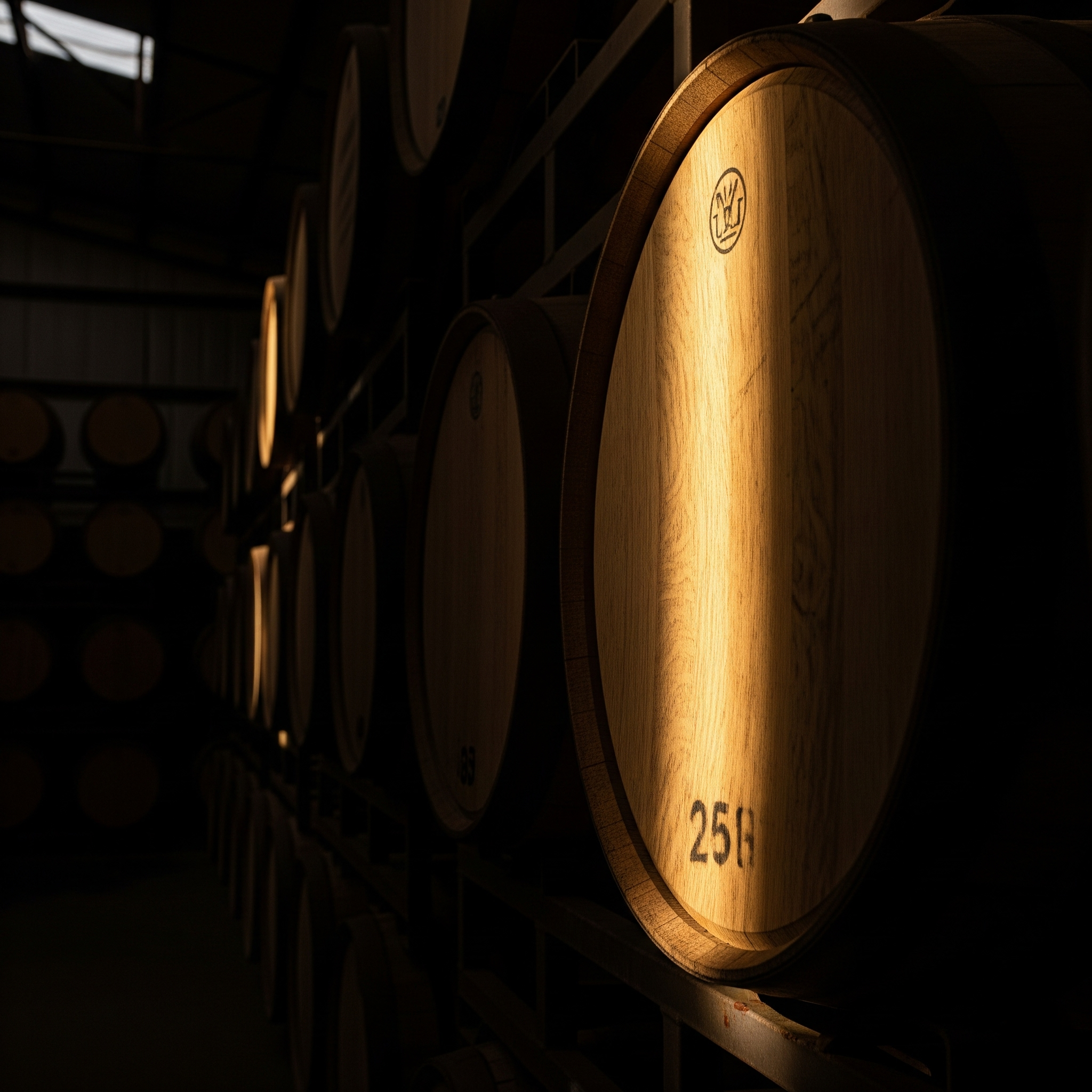 Bourbon barrel in a shaded rickhouse
