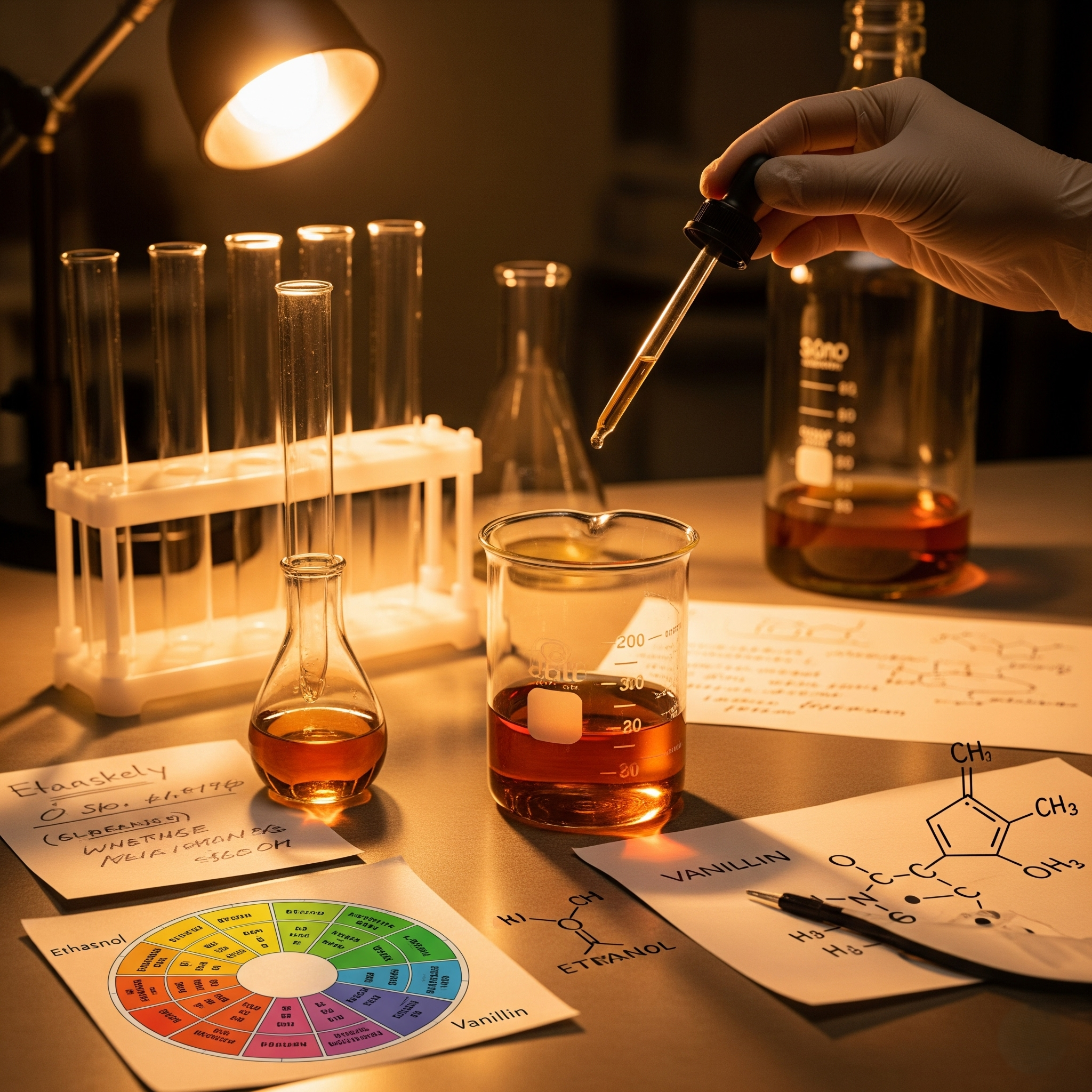 Chemistry set and tasting wheel as if someone is blending whiskey