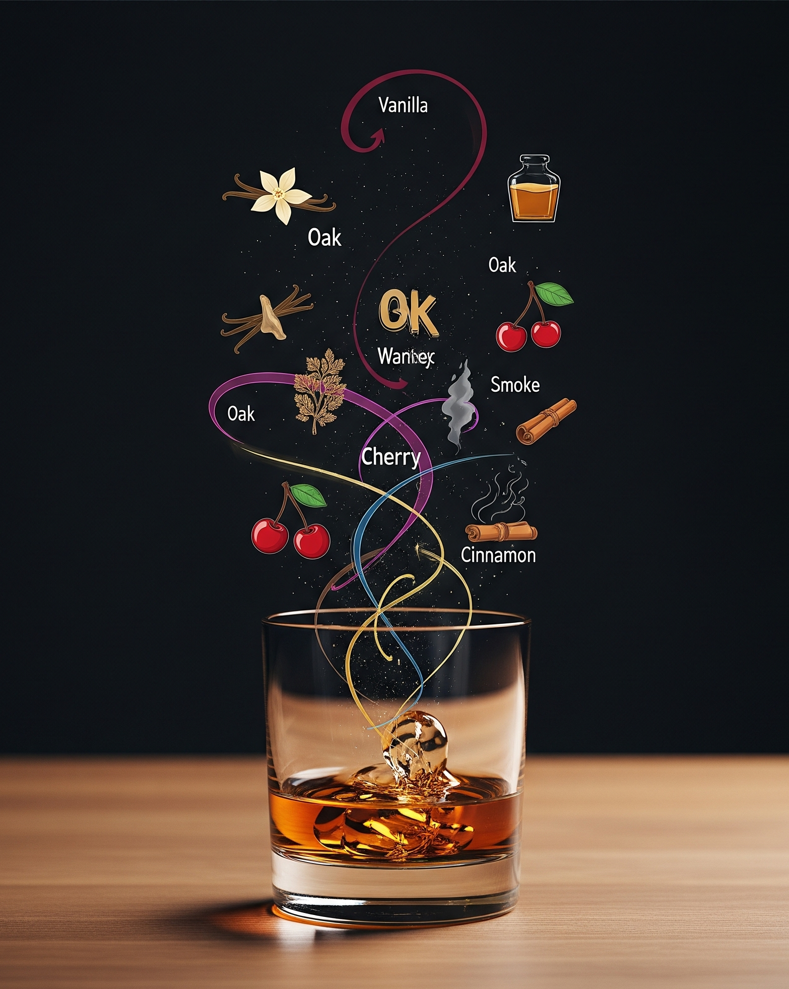 Whiskey glass with cartoon tasting notes floating above it