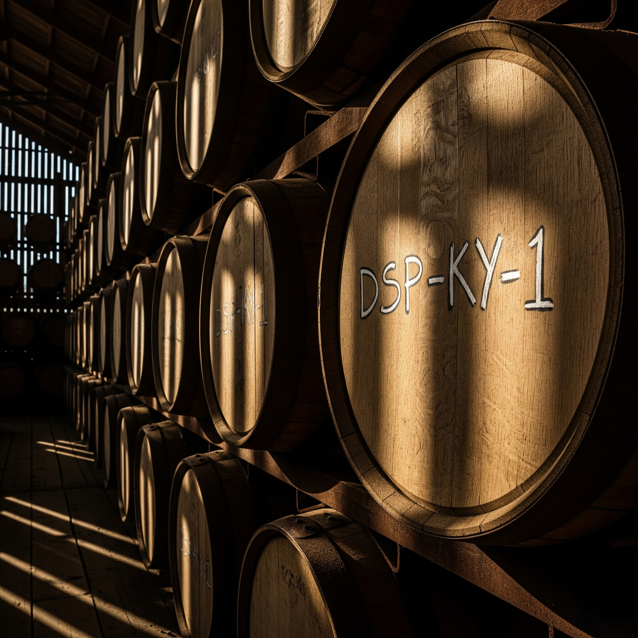 barrel of bourbon in rickhouse