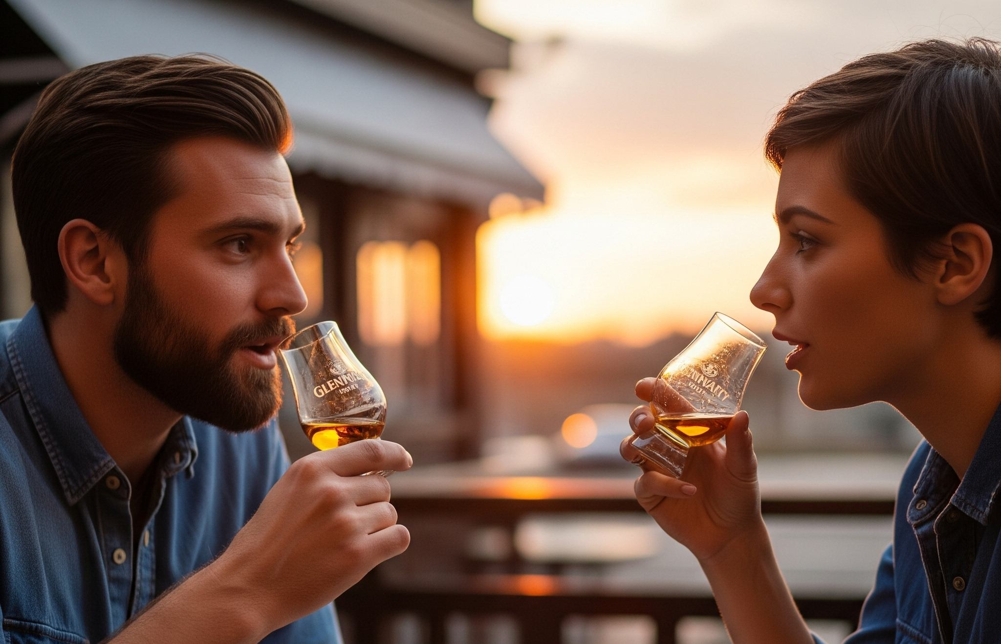 two friends chatting and sipping whiskey
