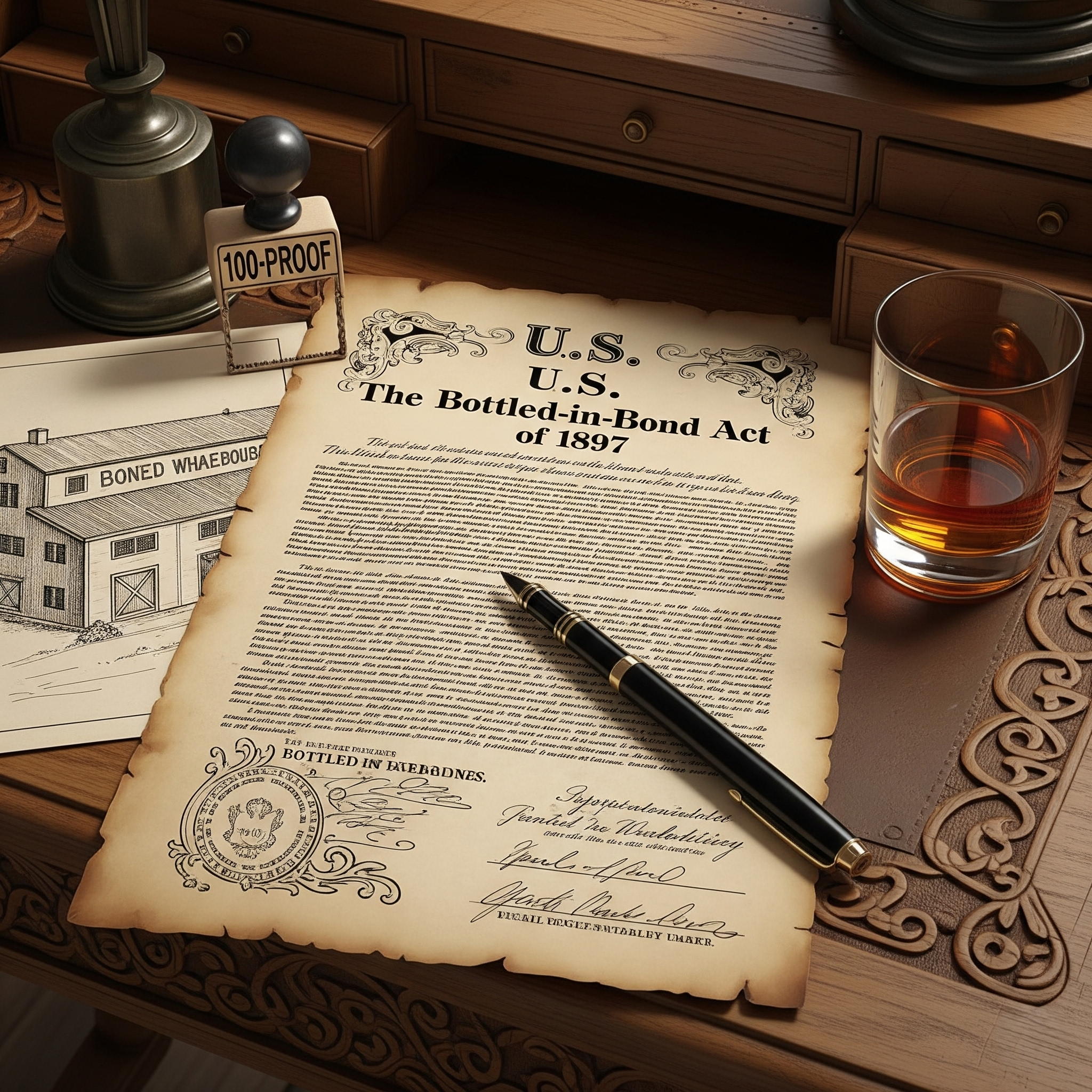 old time looking parcment document that says bottled in bond act