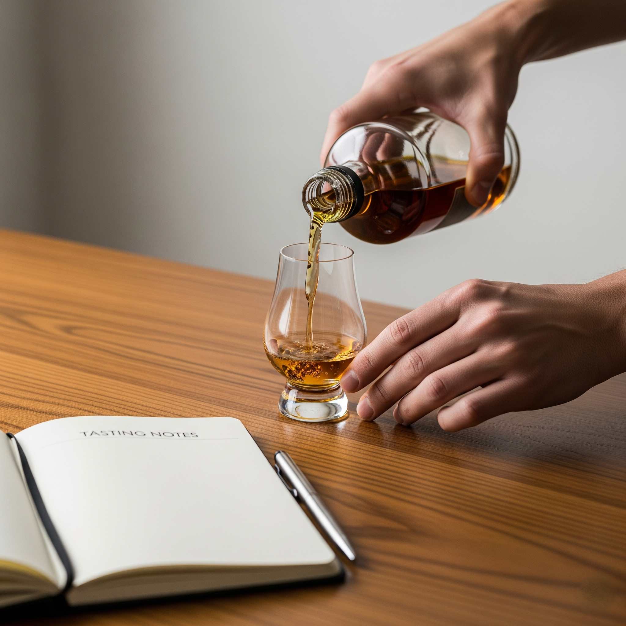 Bottole of bourbon being poured into a glencairn with a notebook next to it