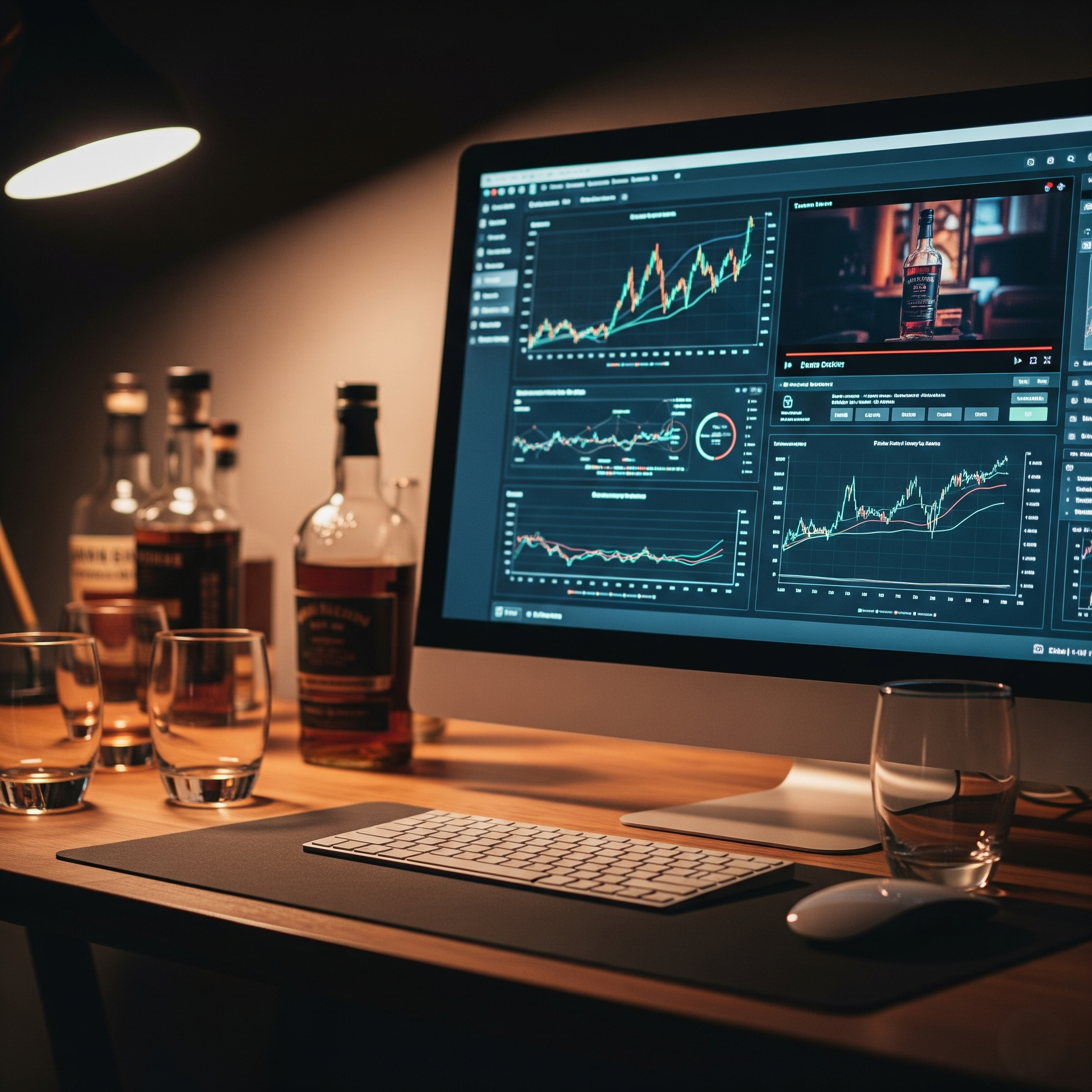 Computer monitor with bourbon bottles and glasses next to it