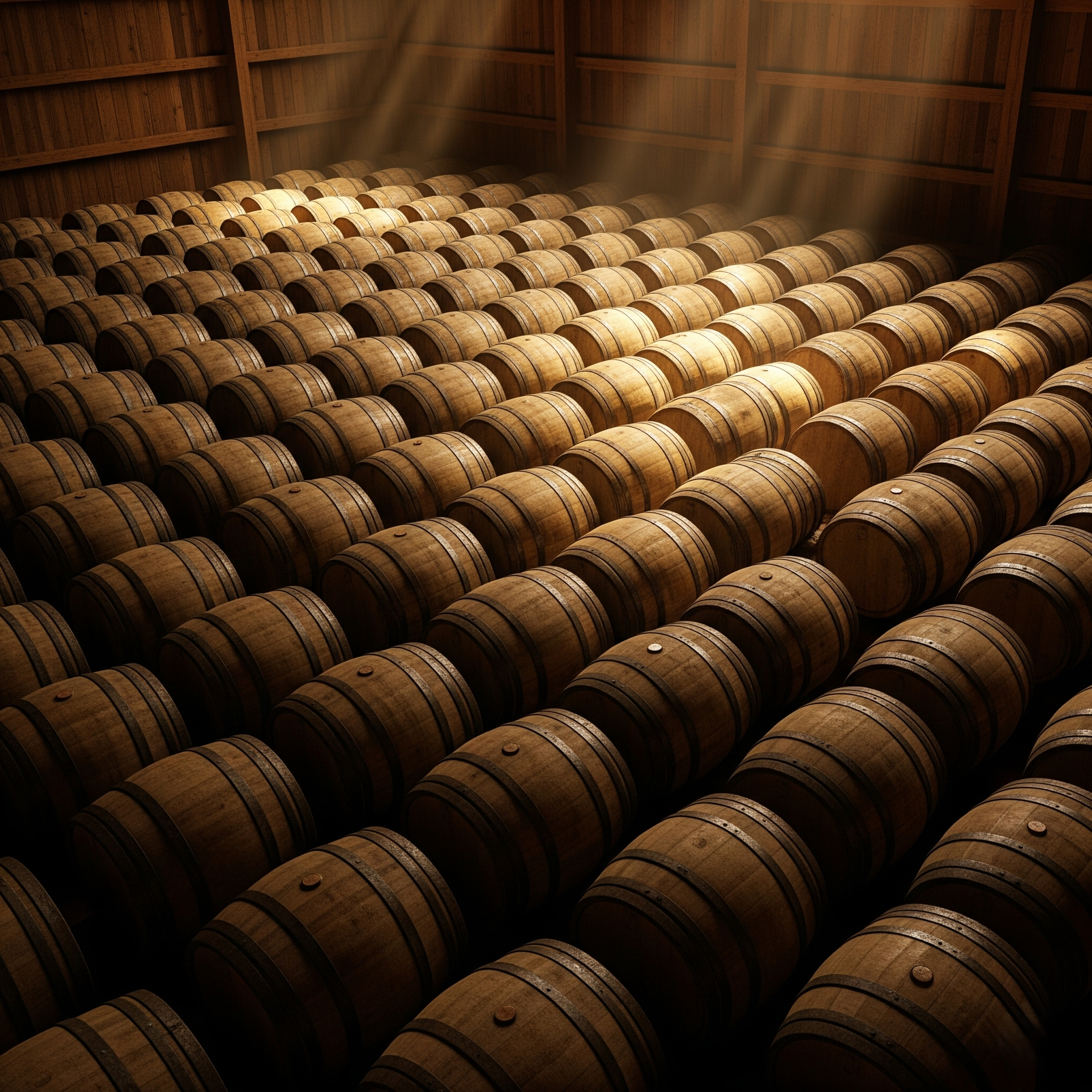 Bourbon rickhouse with barrels stacked side by side