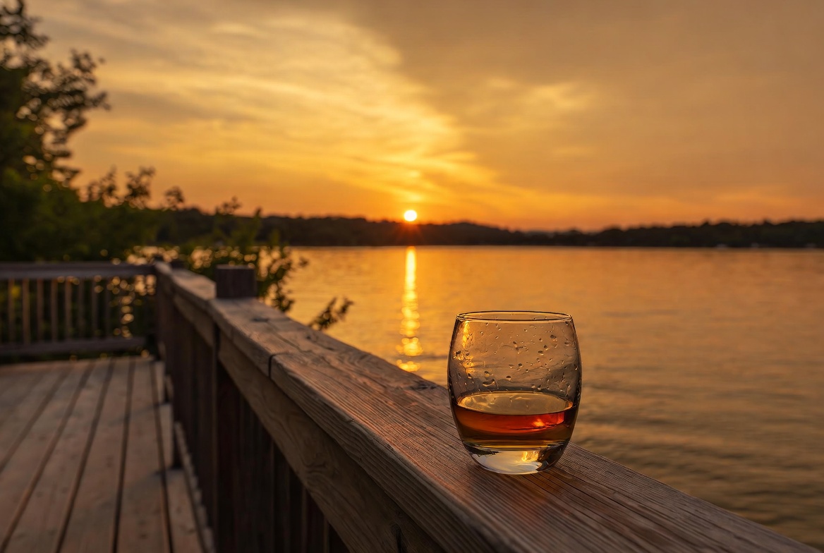 Glass of bourbon enjoyed during a summer sunset by the lake.