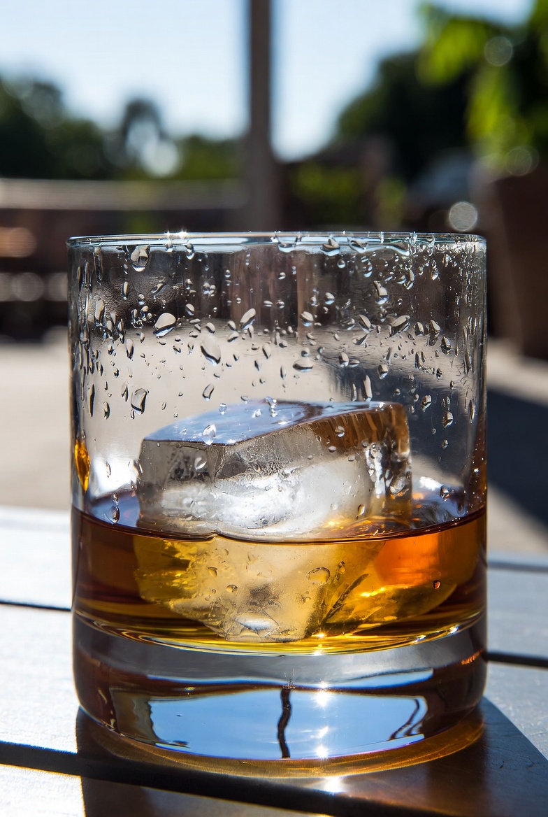 Bourbon over a large ice cube on a warm summer day.